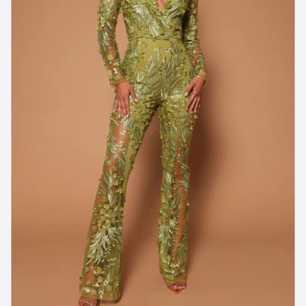 FASHION NOVA Jumpsuit Pants Dress Olive Floral Lace V-Neck Sequins Sheer S-M